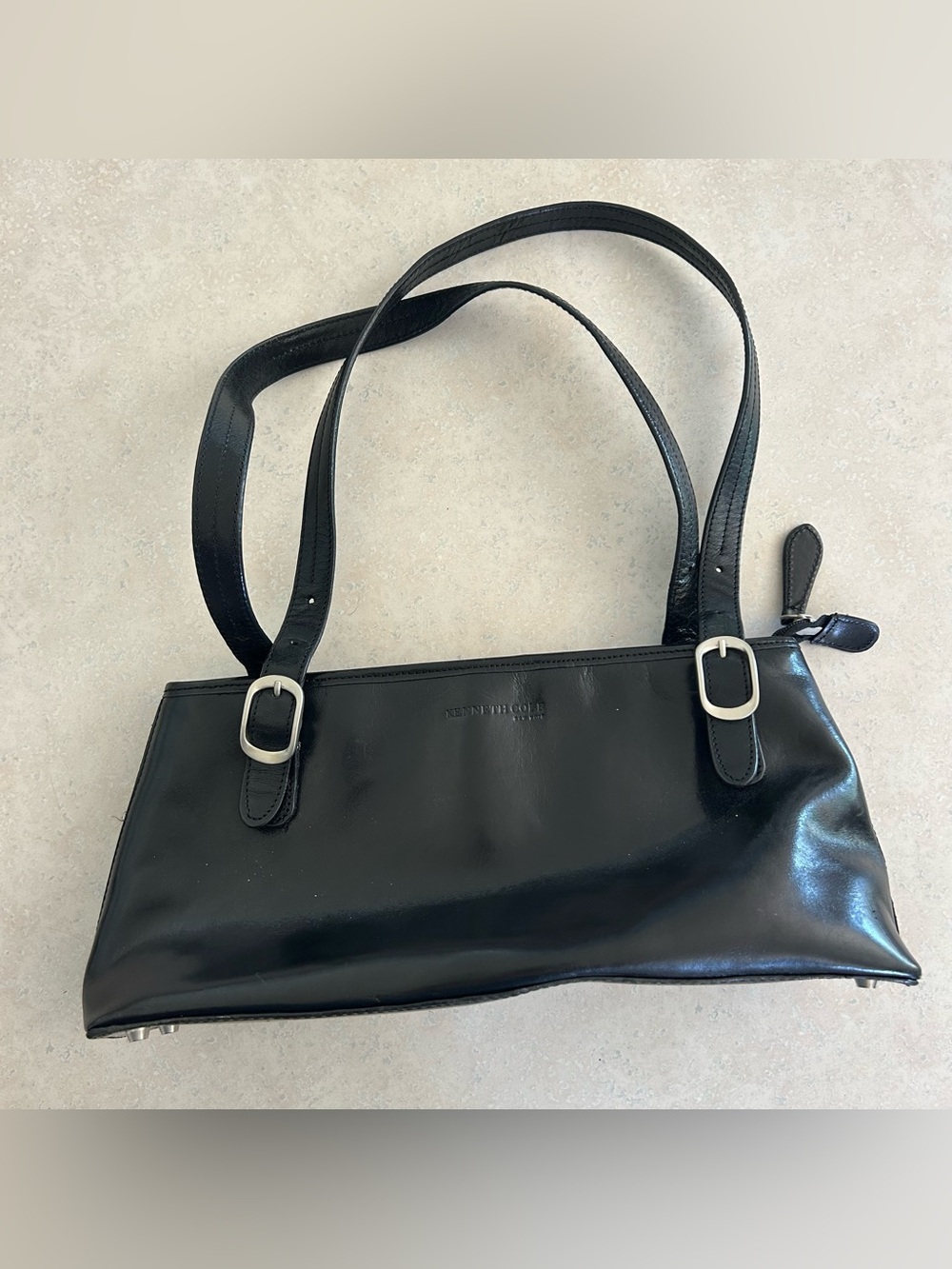Kenneth Cole Black Leather Shoulder Tote with Silver Buckles